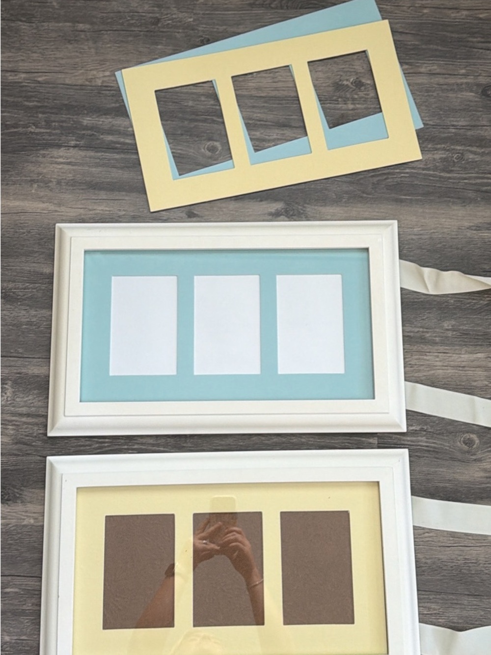 Pottery Barn White Triple Frame with Blue and Yellow Mats